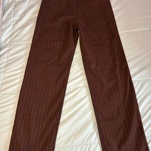 High-Waist Brown Pinstripe Women’s Pants with Orange Pinstripes